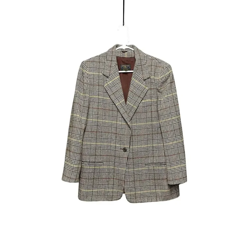 Charter Club 100 Wool Brown Plaid Blazer Prince of Wales Sz 10 Preppy‎ Academia